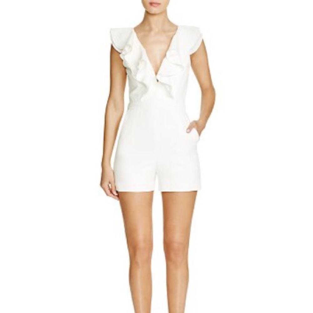 Bardot White Deep V-Neck Ruffle Romper